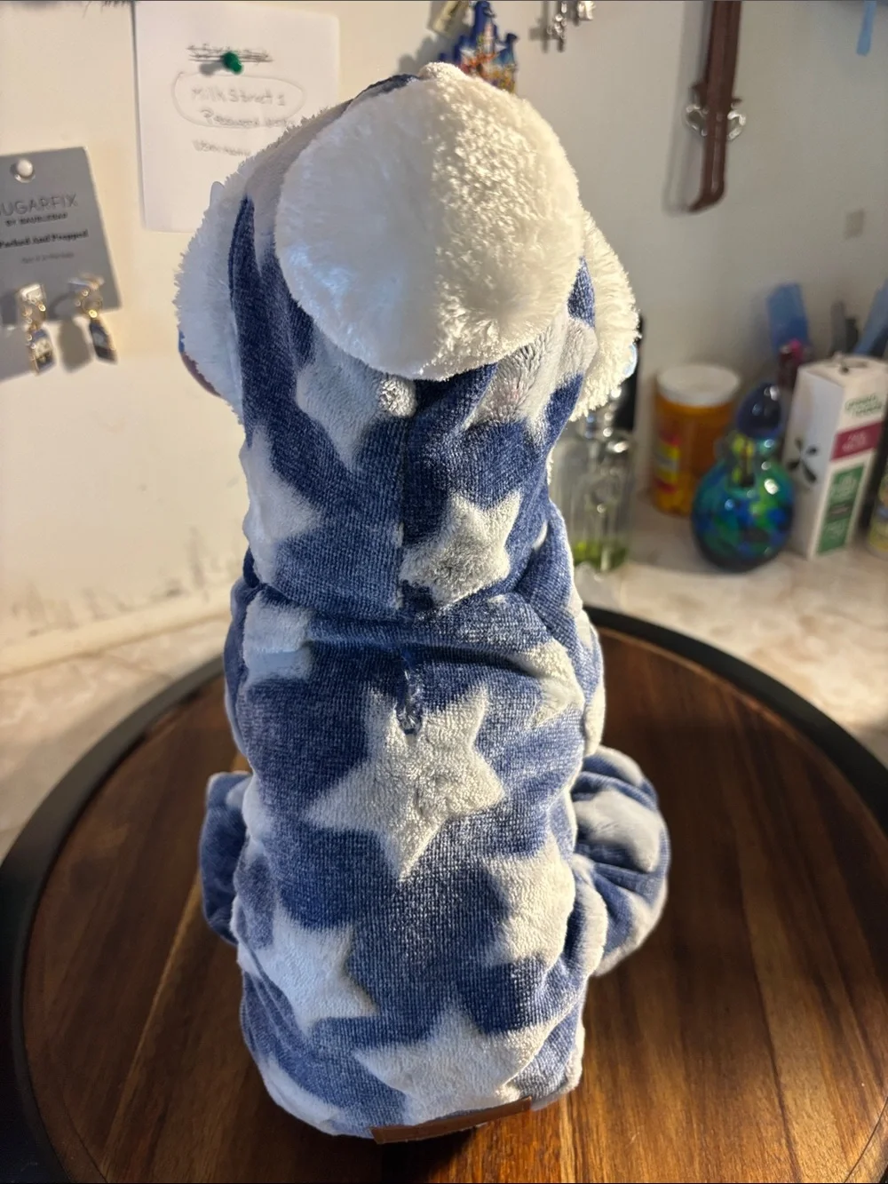 Barndog white stars and blue small dog coat with hood and pompom